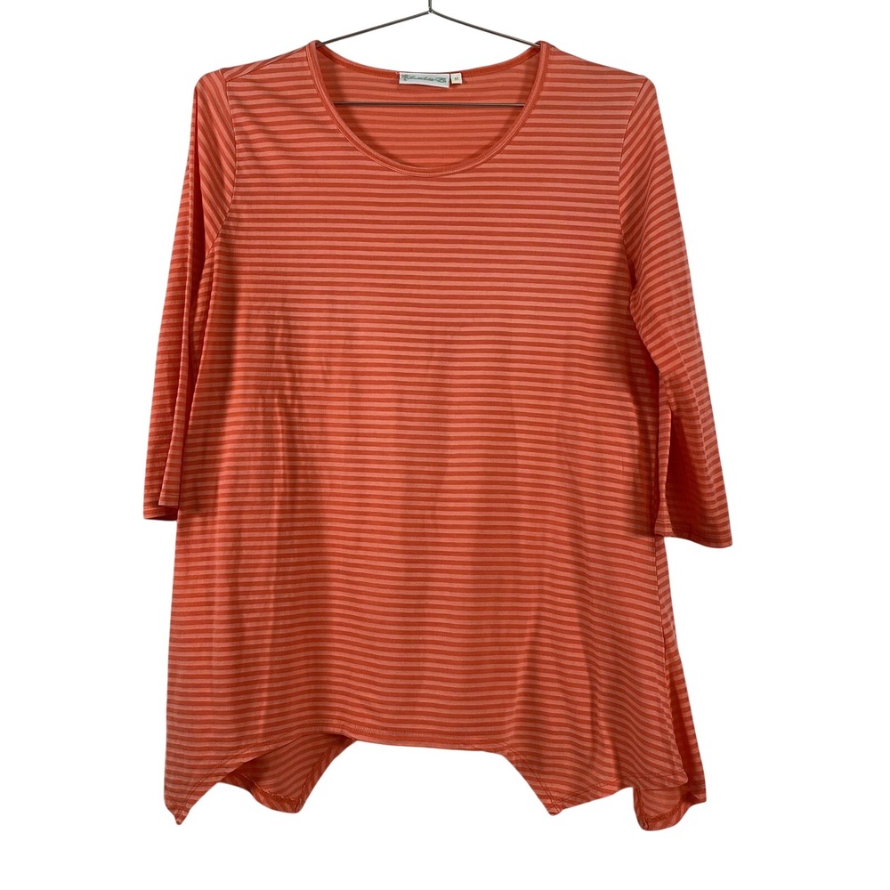 Lulu-B Shirt Womens Medium Orange Stripe Tunic 3/4 Sleeve Asymmetrical Hem